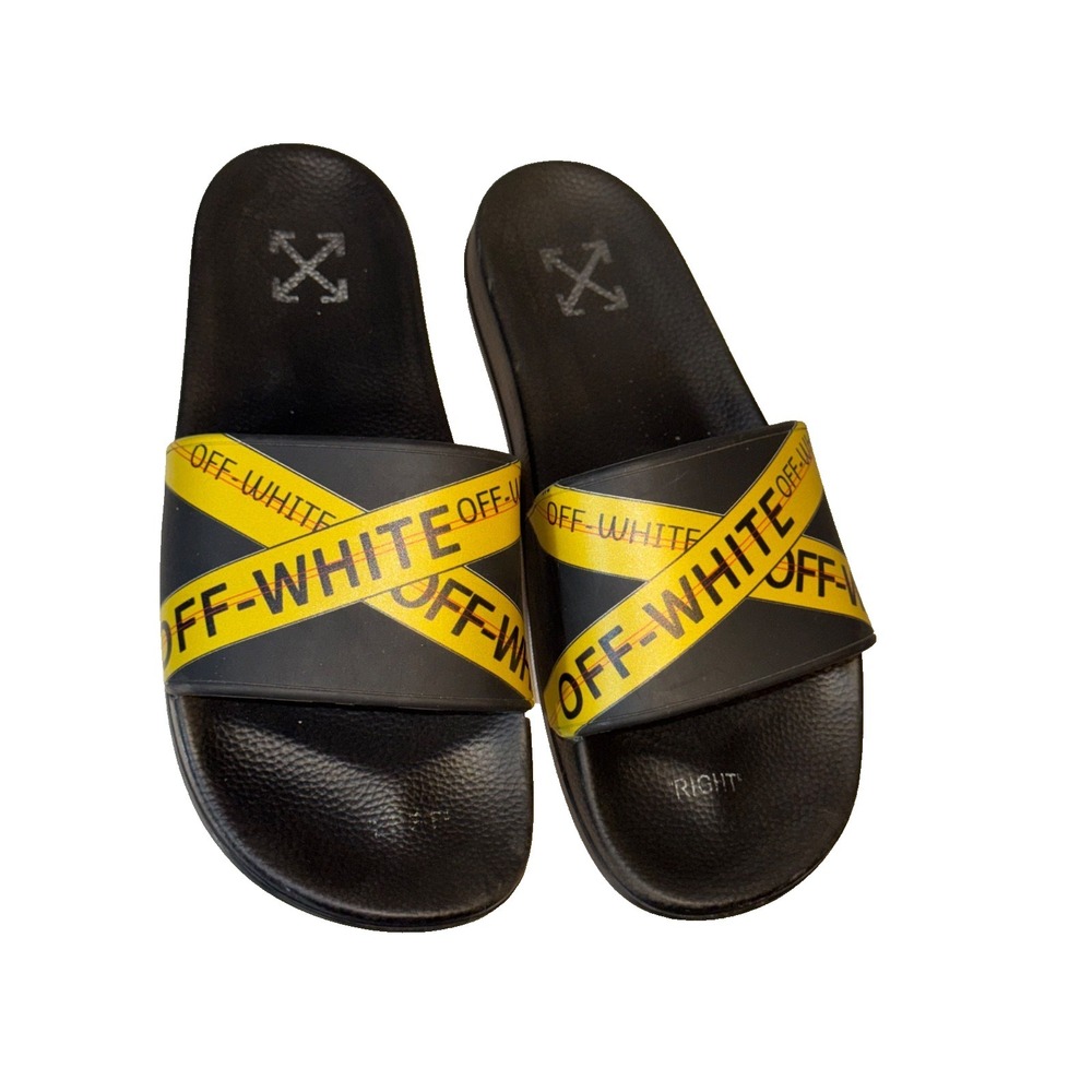 Off-White crisscross Industrial Leather Pool Slide sz 10 men 4.25" wide Black
